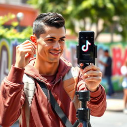 A vibrant scene of Cristiano Ronaldo setting up his TikTok affiliate video