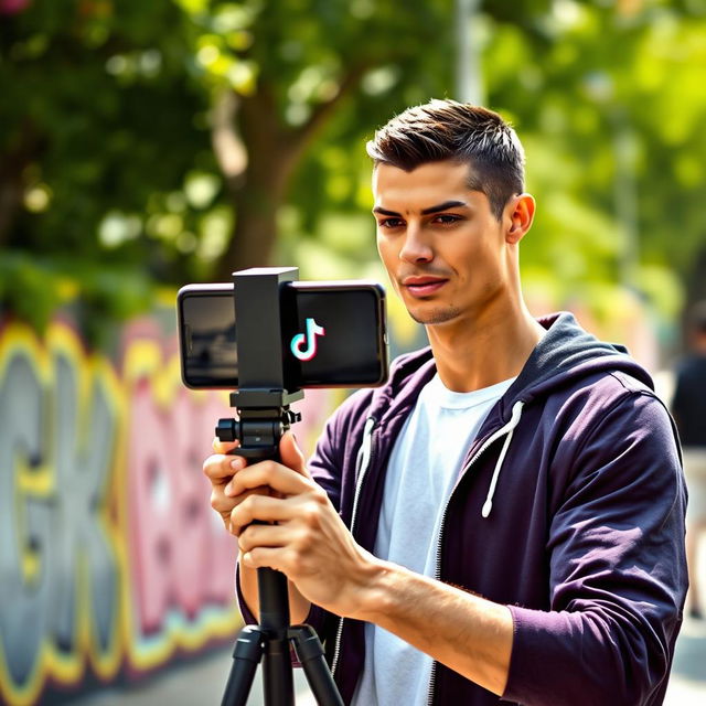 A vibrant scene of Cristiano Ronaldo setting up his TikTok affiliate video