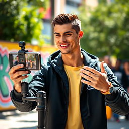 A vibrant scene of Cristiano Ronaldo setting up his TikTok affiliate video