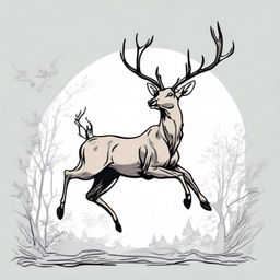 A high-quality, colored anime-style digital art image showcasing a majestic, full-bodied deer with a large, imposing antler, leaping in mid-air