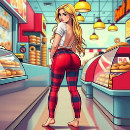A comic book-inspired illustration of a sexy, beautiful, innocent-looking girl with long, curvy, voluptuous hourglass shape