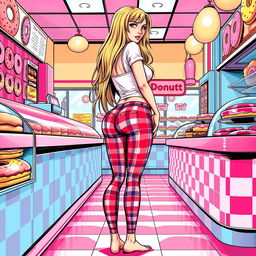 A comic book-inspired illustration of a sexy, beautiful, innocent-looking girl with long, curvy, voluptuous hourglass shape