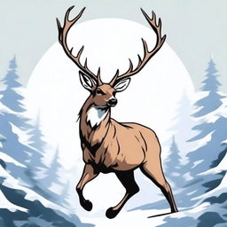 A high-quality, colored anime-style digital art image showcasing a majestic, full-bodied deer with a large, imposing antler, leaping in mid-air