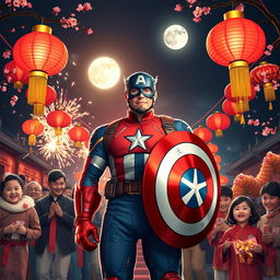 Captain America, dressed in vibrant traditional Chinese attire, celebrating Chinese New Year