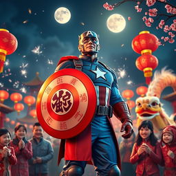 Captain America, dressed in vibrant traditional Chinese attire, celebrating Chinese New Year