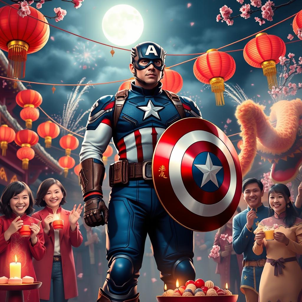 Captain America, dressed in vibrant traditional Chinese attire, celebrating Chinese New Year