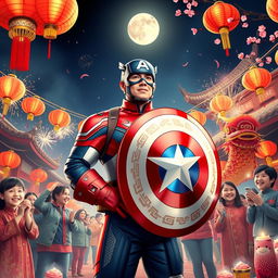 Captain America, dressed in vibrant traditional Chinese attire, celebrating Chinese New Year