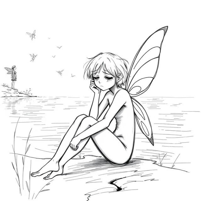 A black and white sketch illustration of an adult fairy, featuring no wings