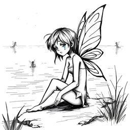 A black and white sketch illustration of an adult fairy, featuring no wings