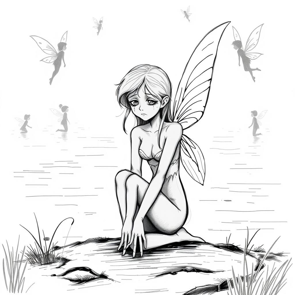 A black and white sketch illustration of an adult fairy, featuring no wings