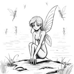 A black and white sketch illustration of an adult fairy, featuring no wings