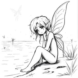 A black and white sketch illustration of an adult fairy, featuring no wings