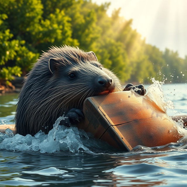 A giant nutria (also known as a coypu), ferociously destroying a boat on a river