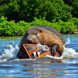 A giant nutria (also known as a coypu), ferociously destroying a boat on a river