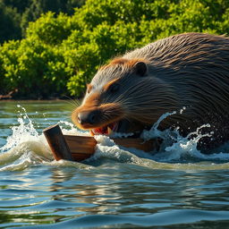 A giant nutria (also known as a coypu), ferociously destroying a boat on a river