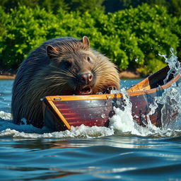 A giant nutria (also known as a coypu), ferociously destroying a boat on a river