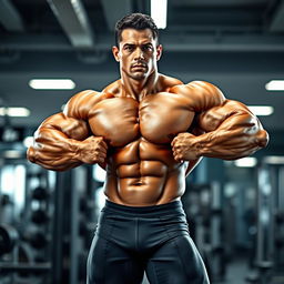 A muscular bodybuilder showcasing an impressive physique, with defined muscles and a confident pose