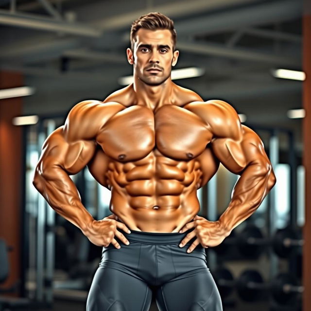 A muscular bodybuilder showcasing an impressive physique, with defined muscles and a confident pose