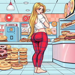 A comic book-style illustration of a sexy, beautiful, innocent girl with long, curvy, voluptuous hourglass shape