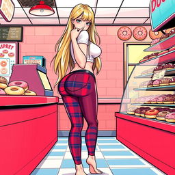 A comic book-style illustration of a sexy, beautiful, innocent girl with long, curvy, voluptuous hourglass shape