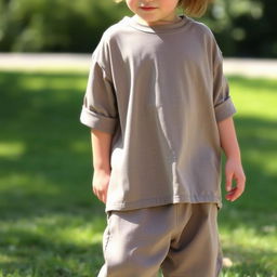 A young boy wearing a loose-fitting shirt that hangs slightly oversized on his small frame