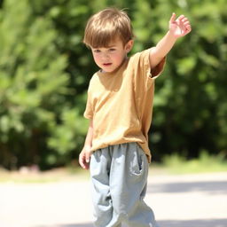 A young boy wearing a loose-fitting shirt that hangs slightly oversized on his small frame