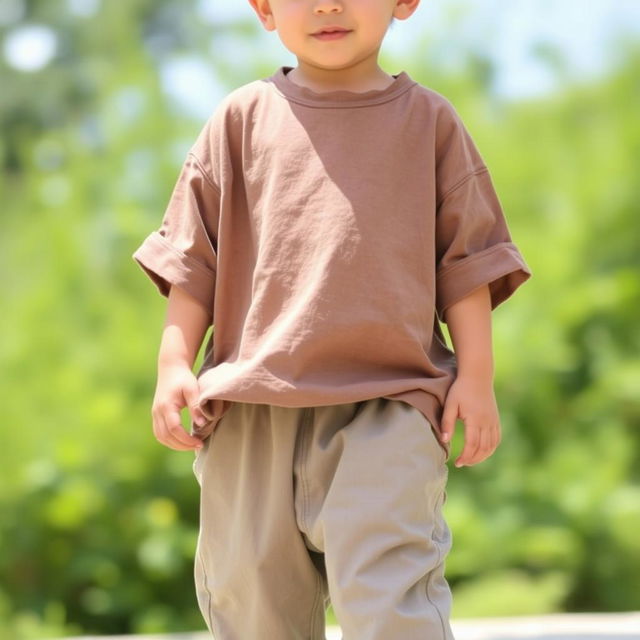 A young boy wearing a loose-fitting shirt that hangs slightly oversized on his small frame