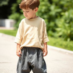 A young boy wearing a loose-fitting shirt that hangs slightly oversized on his small frame