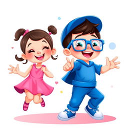 A vibrant and playful 2D cartoon illustration of two child characters
