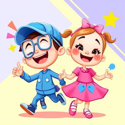 A vibrant and playful 2D cartoon illustration of two child characters