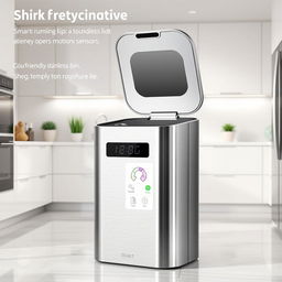 A sleek, modern smart rubbish bin designed with high-tech features, featuring a touchless lid that opens with motion sensors