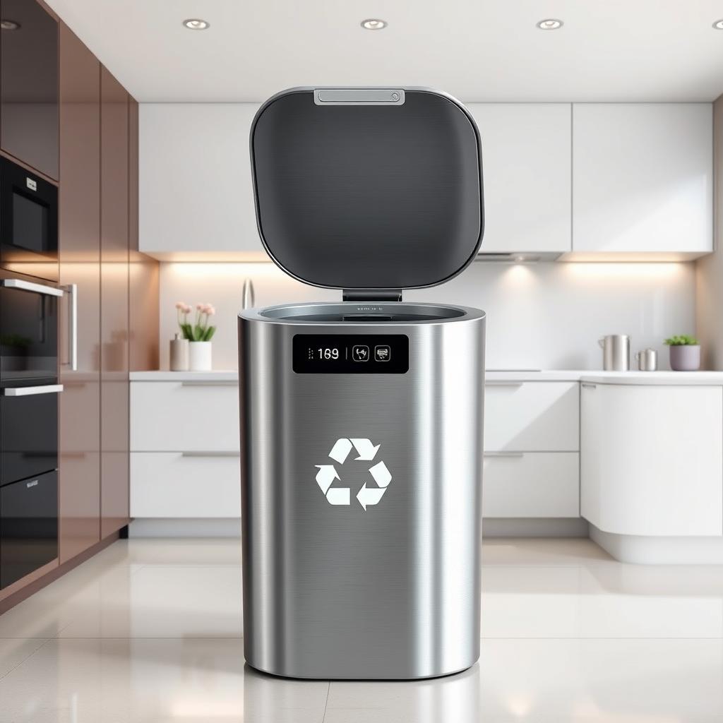 A sleek, modern smart rubbish bin designed with high-tech features, featuring a touchless lid that opens with motion sensors