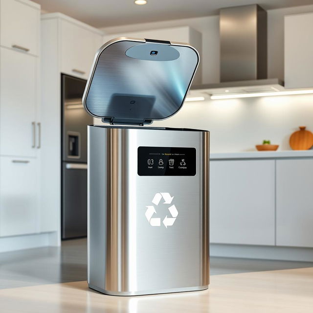 A sleek, modern smart rubbish bin designed with high-tech features, featuring a touchless lid that opens with motion sensors