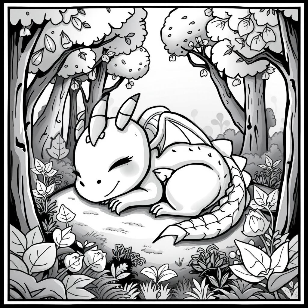 A cute, cartoonish dragon sleeping peacefully in a lush forest setting, surrounded by trees and foliage