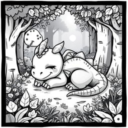 A cute, cartoonish dragon sleeping peacefully in a lush forest setting, surrounded by trees and foliage