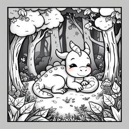 A cute, cartoonish dragon sleeping peacefully in a lush forest setting, surrounded by trees and foliage