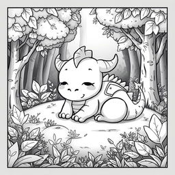 A cute, cartoonish dragon sleeping peacefully in a lush forest setting, surrounded by trees and foliage