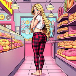 A comic book-style illustration of a sexy, beautiful, innocent girl featuring a long, curvy, voluptuous hourglass shape