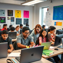 A vibrant and dynamic computer class scene, featuring students of diverse backgrounds learning at computer desks