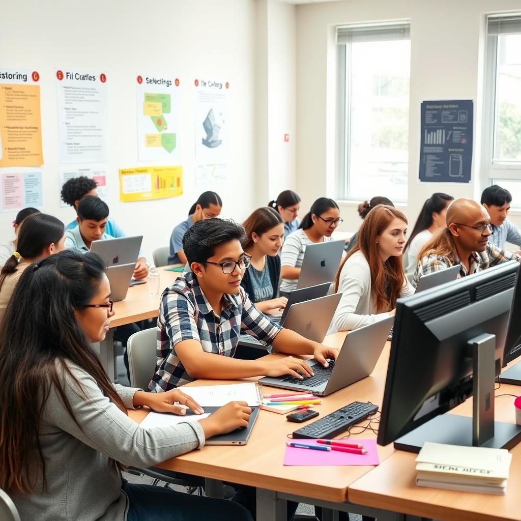 A vibrant and dynamic computer class scene, featuring students of diverse backgrounds learning at computer desks