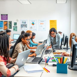A vibrant and dynamic computer class scene, featuring students of diverse backgrounds learning at computer desks
