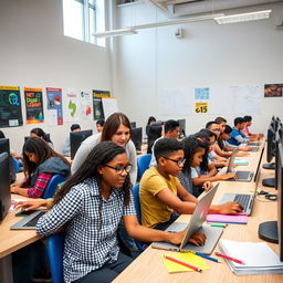 A vibrant and dynamic computer class scene, featuring students of diverse backgrounds learning at computer desks