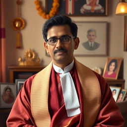 A wise 27-year-old judge from Rajasthan, dressed in traditional Indian judicial attire, surrounded by a warm and welcoming atmosphere