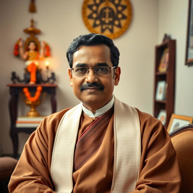 A wise 27-year-old judge from Rajasthan, dressed in traditional Indian judicial attire, surrounded by a warm and welcoming atmosphere