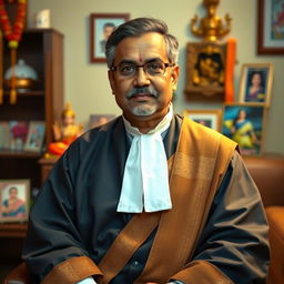 A wise 27-year-old judge from Rajasthan, dressed in traditional Indian judicial attire, surrounded by a warm and welcoming atmosphere