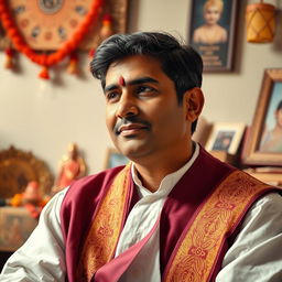 A wise 27-year-old judge from Rajasthan, dressed in traditional Indian judicial attire, surrounded by a warm and welcoming atmosphere