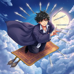 A handsome wizard with short, black hair, flying on an intricately patterned magic carpet against a mystical sky