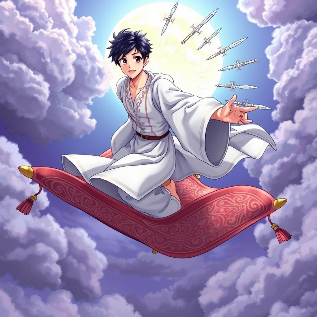 A handsome wizard with short, black hair, flying on an intricately patterned magic carpet against a mystical sky