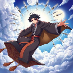 A handsome wizard with short, black hair, flying on an intricately patterned magic carpet against a mystical sky