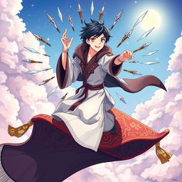 A handsome wizard with short, black hair, flying on an intricately patterned magic carpet against a mystical sky